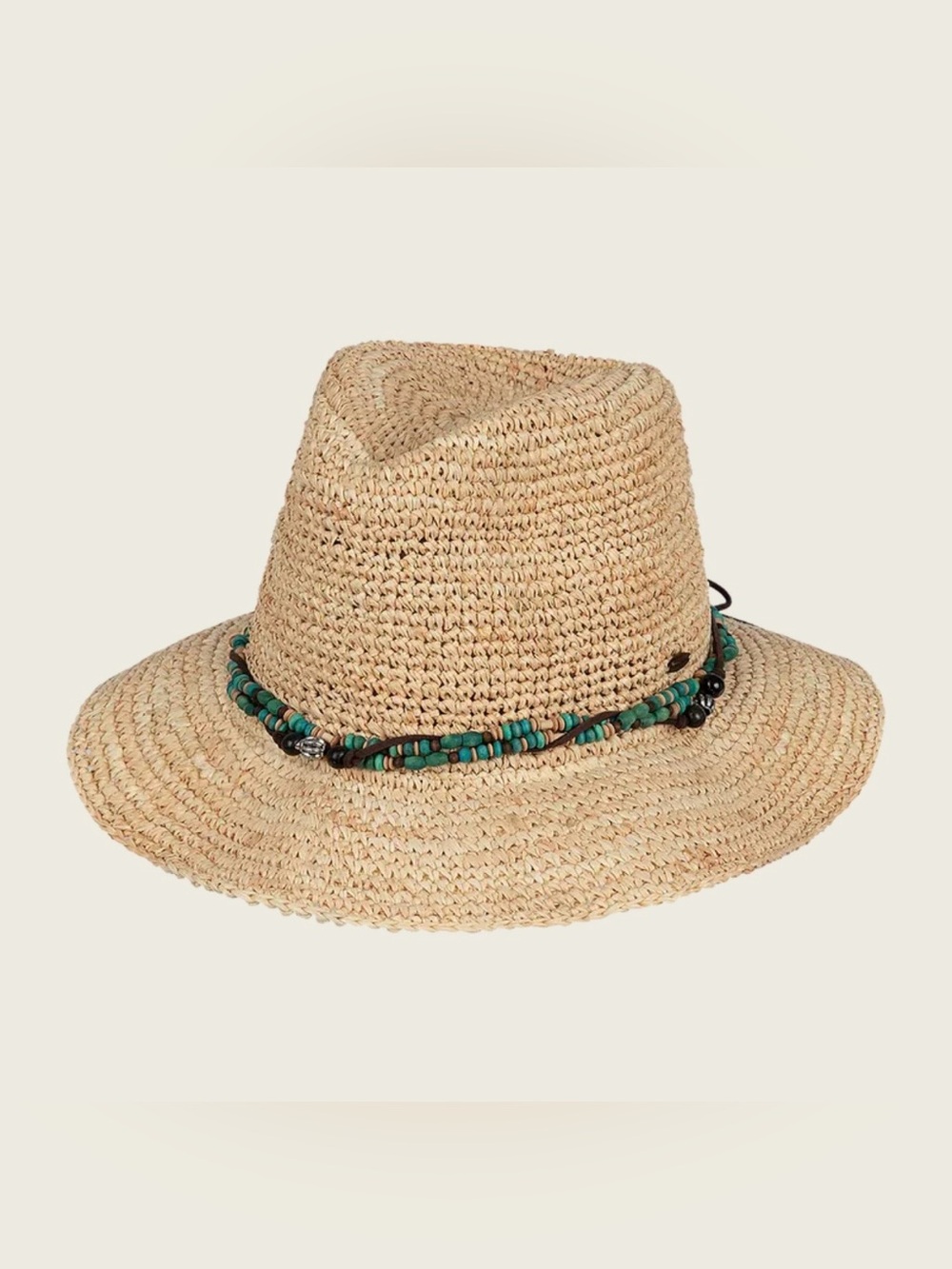 KOORINGAL 100% Raffia Sun Hat w/ Turquoise & Brown Bead 57 CM Bora Bora Safari